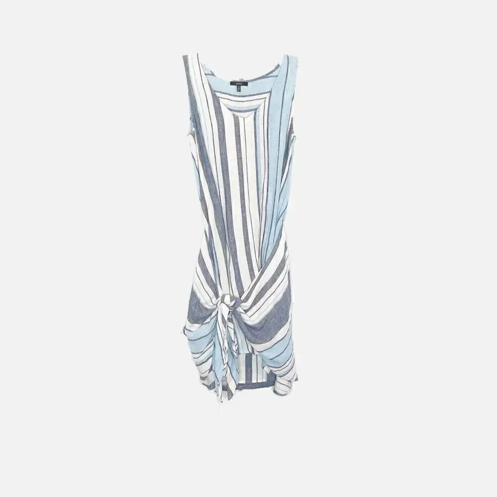 DREW Morgan Tie Front Linen Blend Sleeveless V-Neck Striped Blue Cream Dress S
